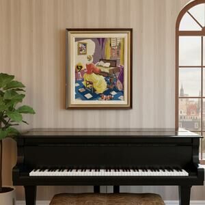 Vintage Framed Needlepoint Piano Scene-Mid Century Art-1950s-Music Room-Textile